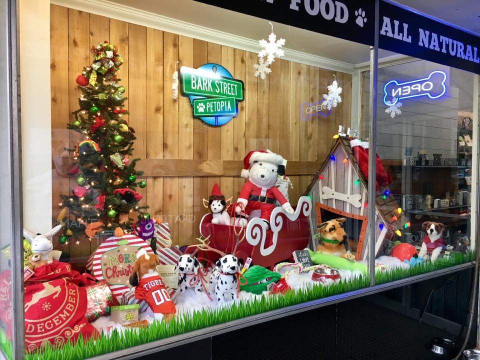 holiday window display at a pet shop