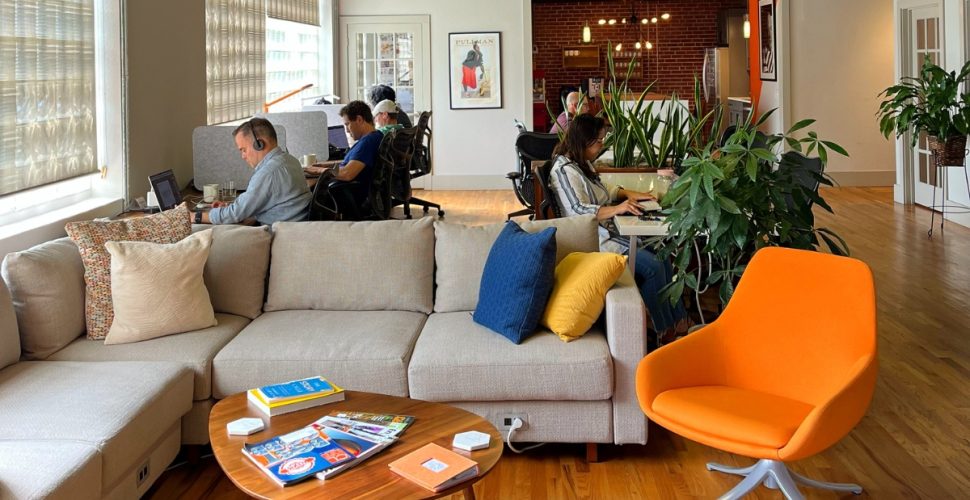 A photo of spark desks at Fireworks Coworking Space in Marietta Georgia.