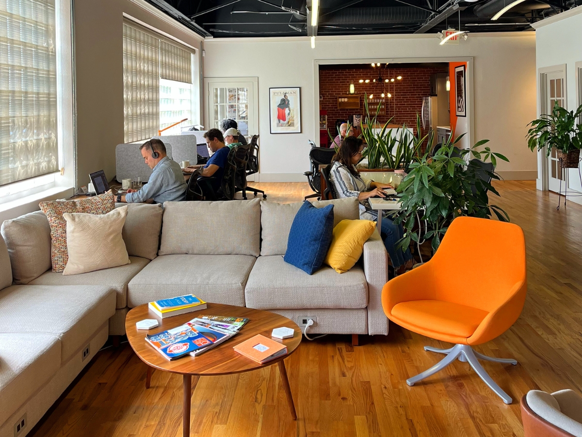 A photo of spark desks at Fireworks Coworking Space in Marietta Georgia.