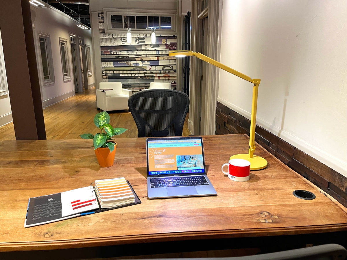 A photo of dedicated desks at Fireworks Coworking Space in Marietta Georgia.