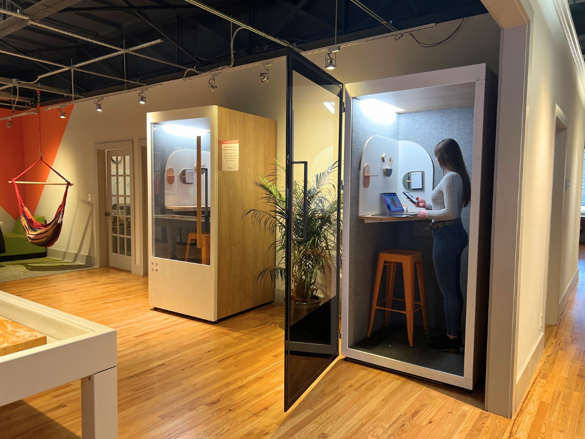 A photo of 2 phone booths for private meeting at Fireworks Coworking space in Marietta.